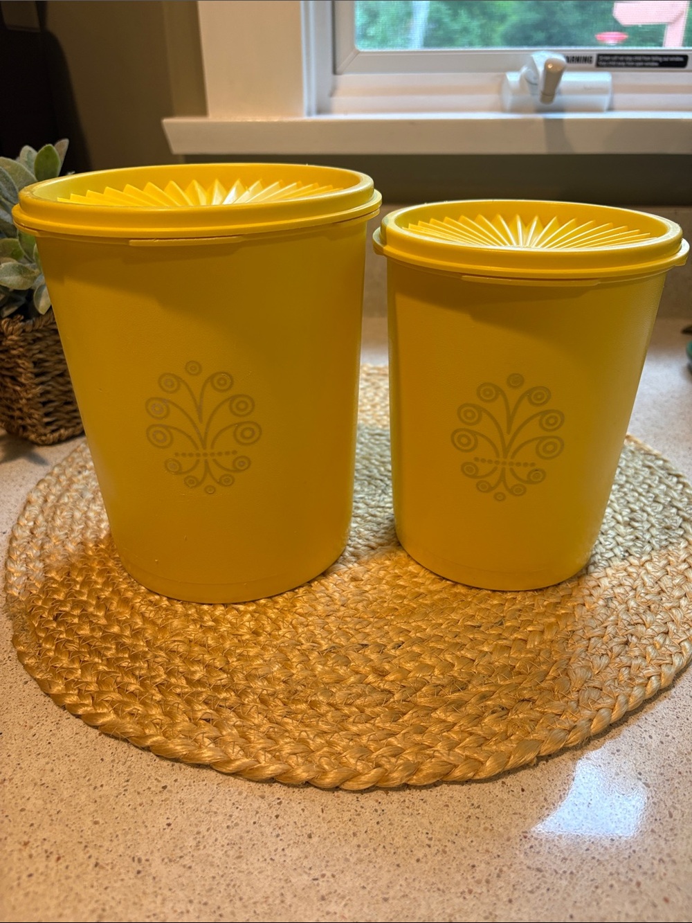 (2) Vintage Tupperware Yellow Servalier Canisters (809 and 811)